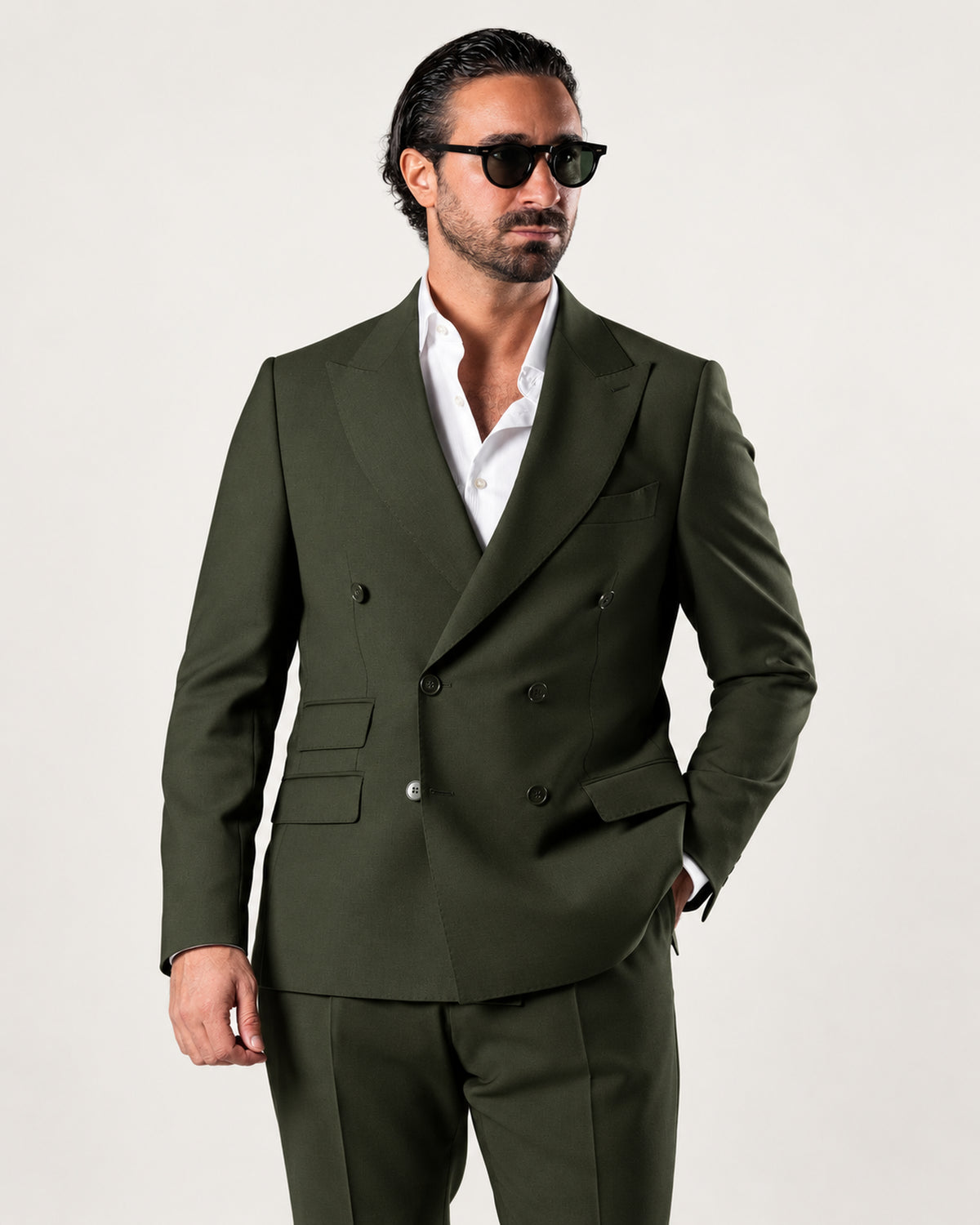 Green slim-fit double-breasted wool suit