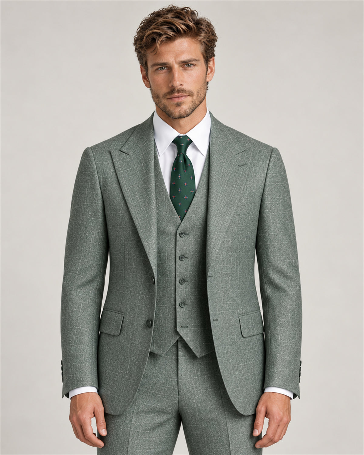 Green checked modern-fit three-piece suit – on model