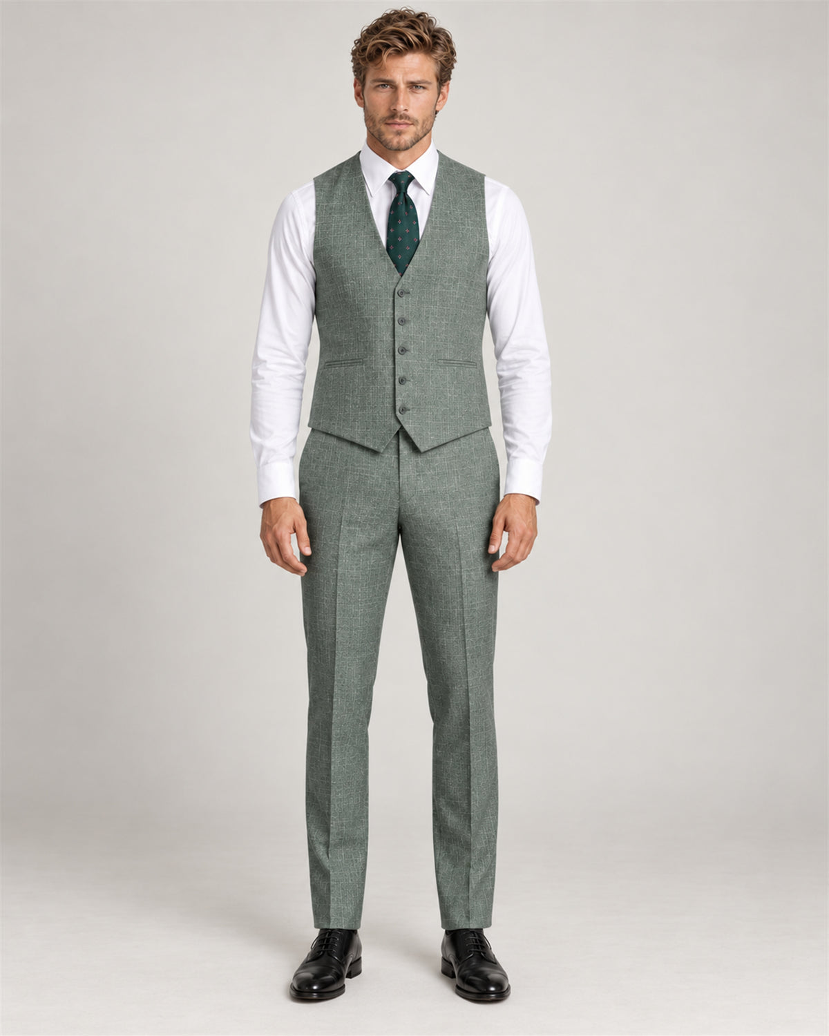 Green checked modern-fit three-piece suit – waistcoat and trousers on model
