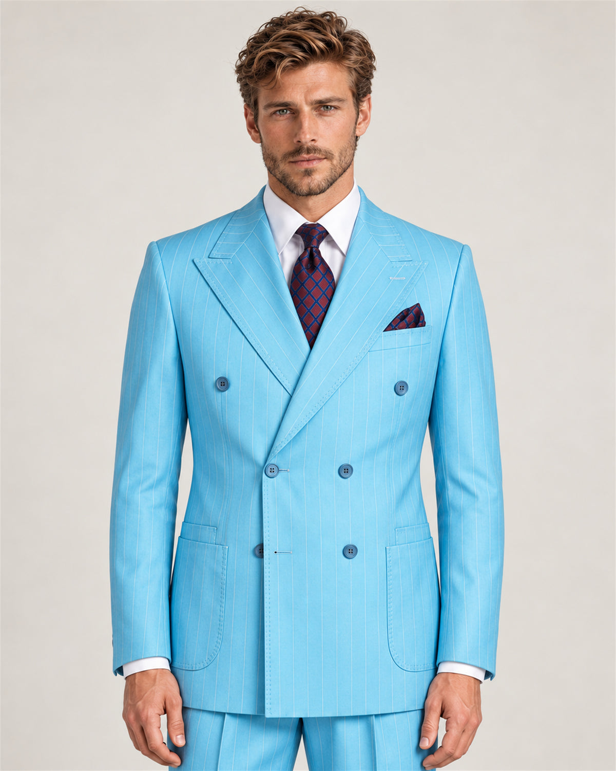 Hellblauer gestreifter Modern-Fit-Zweireiher – am Modell