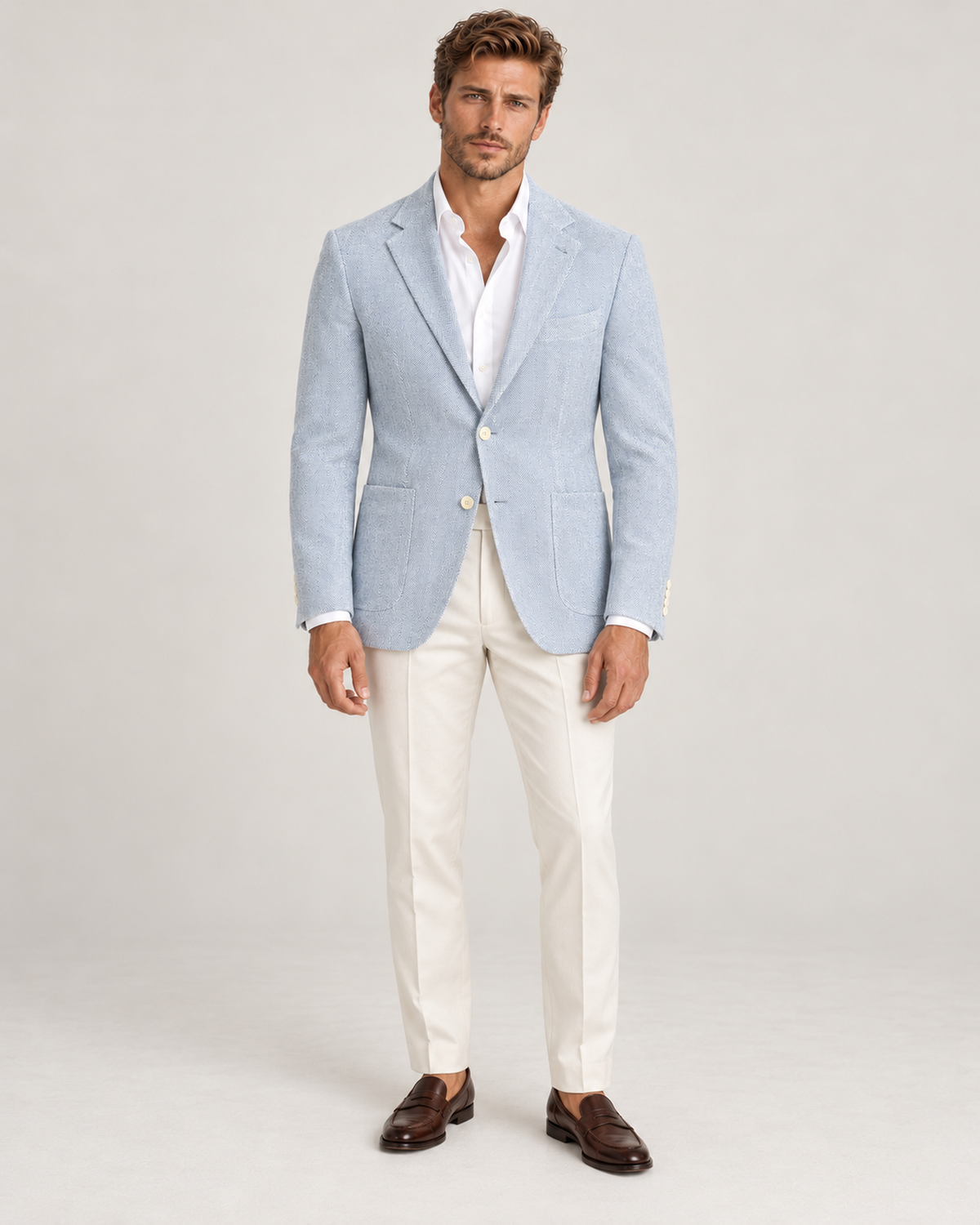 Light blue single-breasted linen and cotton blazer