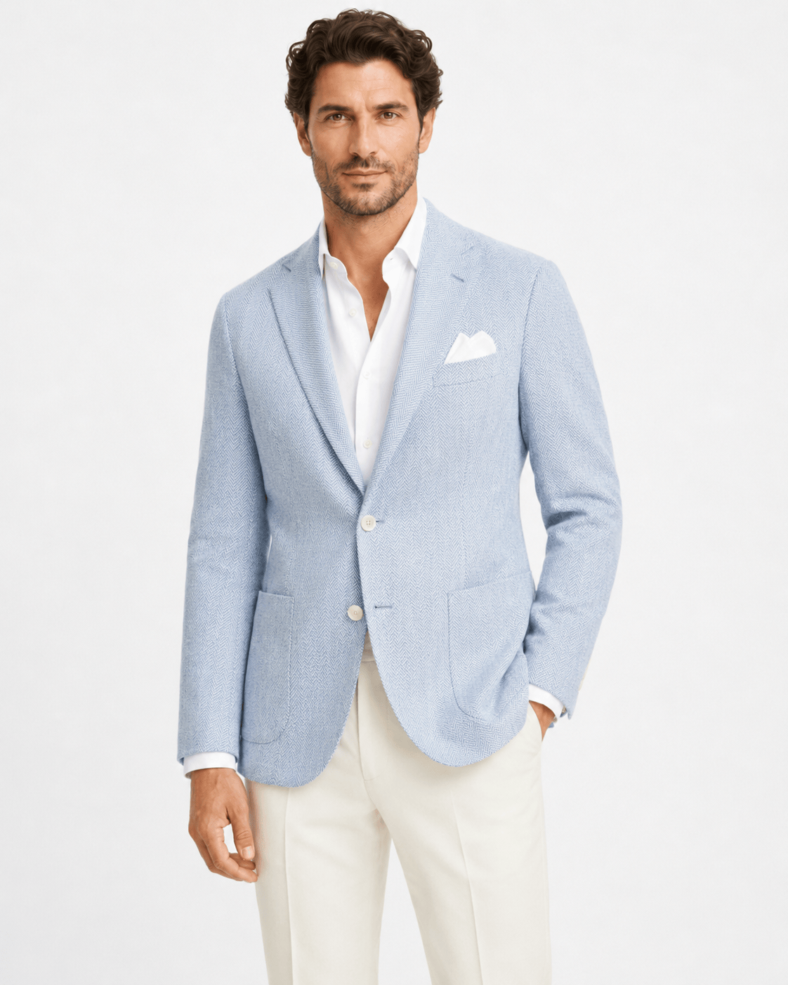 Hellblauer Leinen-Baumwoll-Blazer mit Fischgrätmuster und einreihigem Design