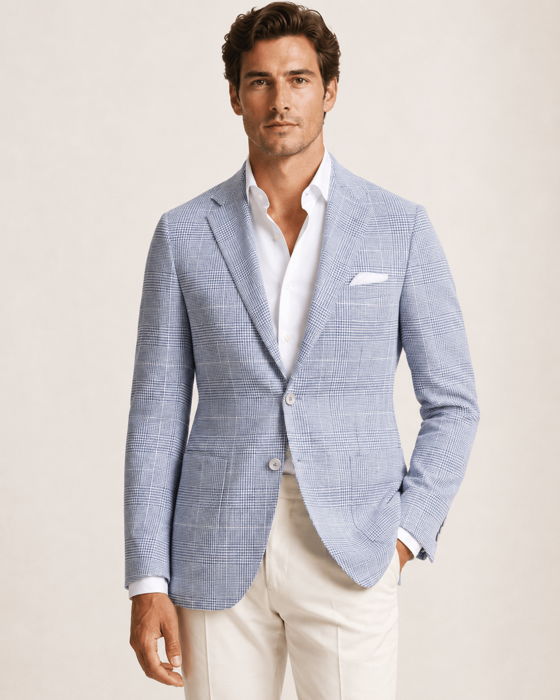 Hellblauer Leinenblazer mit Mikro-Karomuster und einreihigem Design