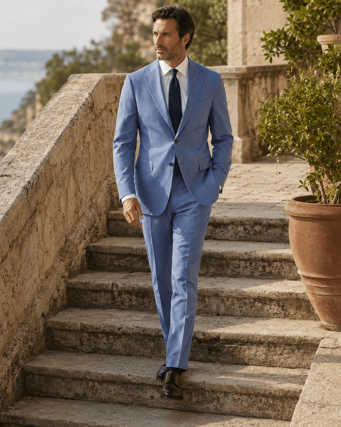 Light blue slim-fit single-breasted jacket made of virgin wool and cashmere