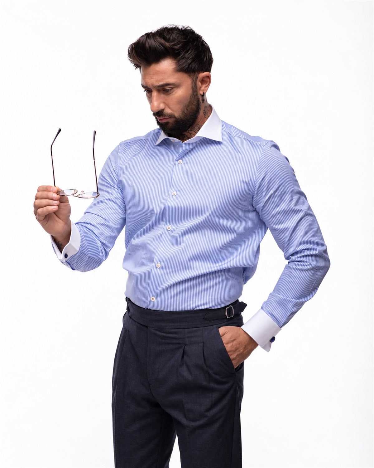 Light blue cotton shirt with white stripes