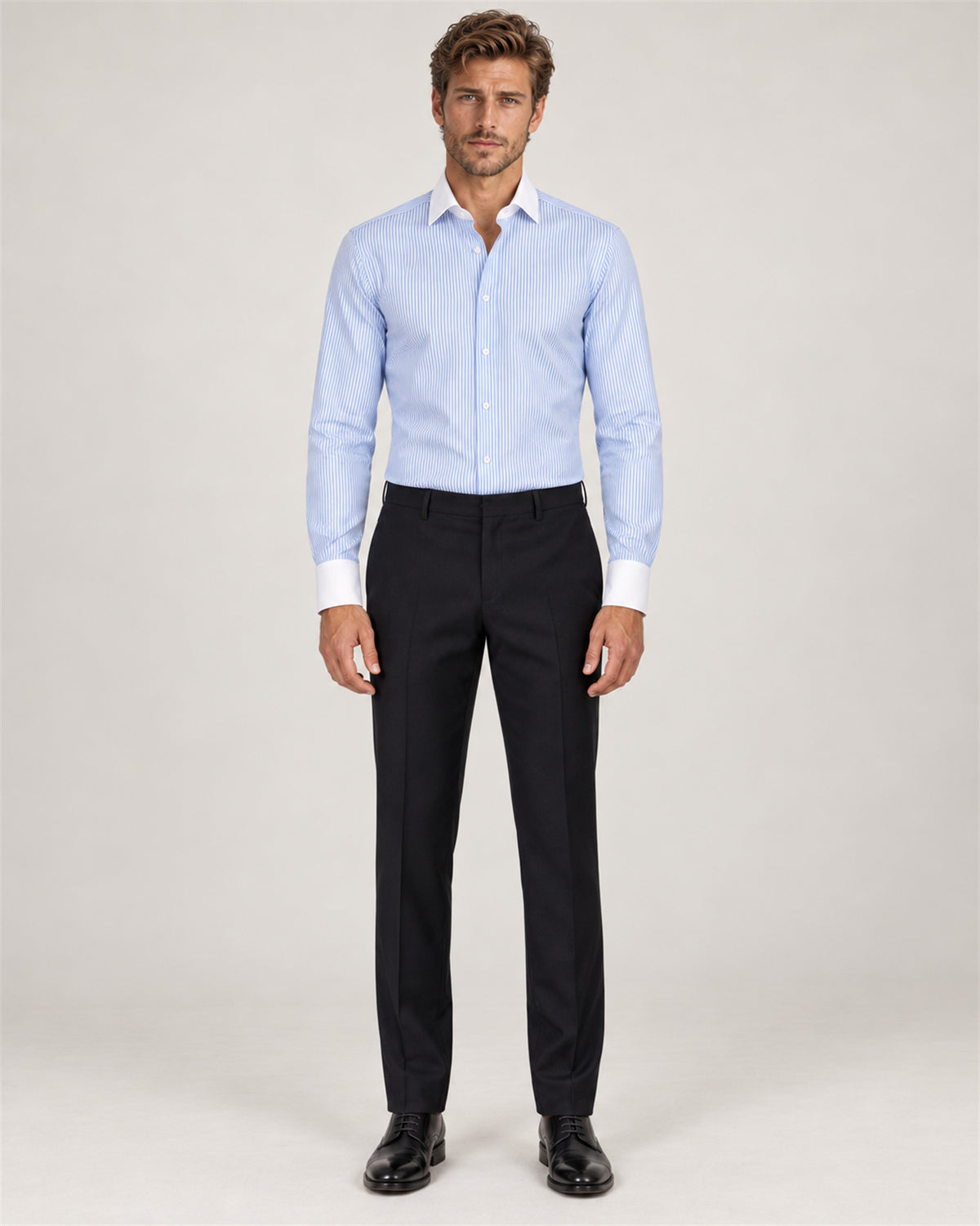 Light blue and white striped slim-fit shirt with a contrast collar – full-length view