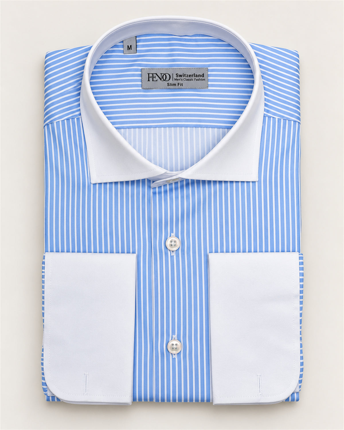 Light blue and white striped slim-fit shirt with a contrast collar – folded view