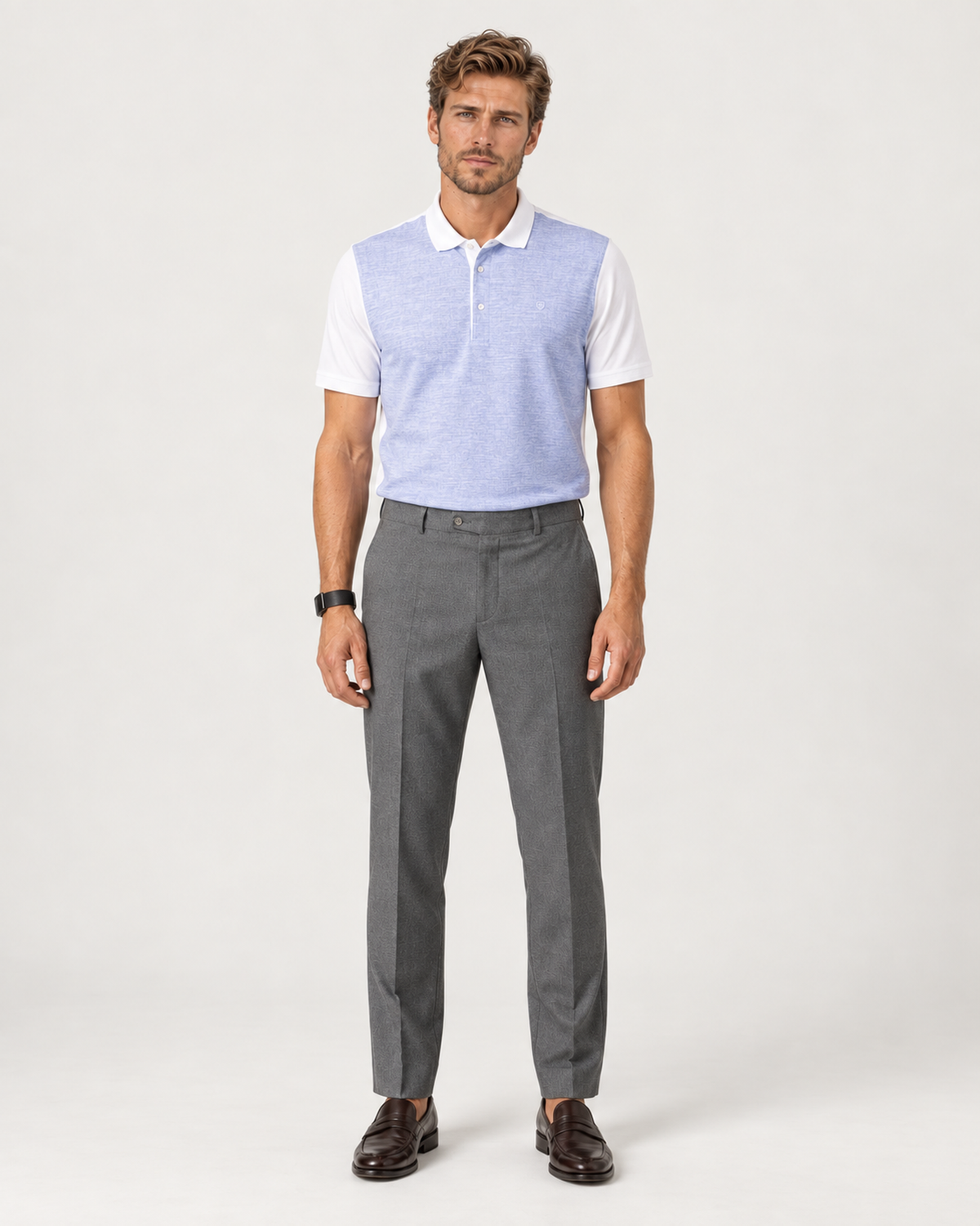 Light blue and white patterned cotton polo shirt
