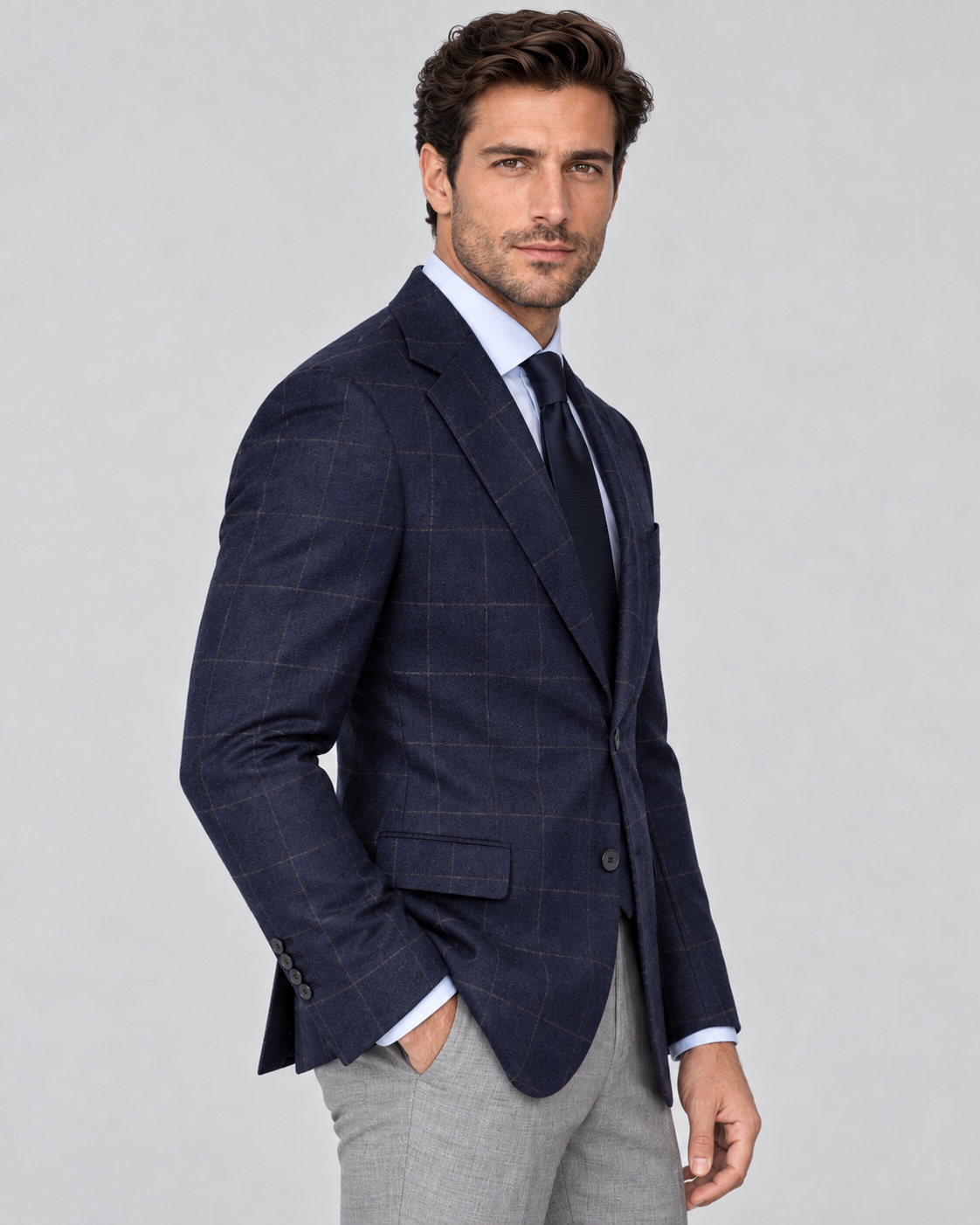 Marineblaues Tailored-Fit-Einreiher-Sakko aus Wolle mit Karomuster