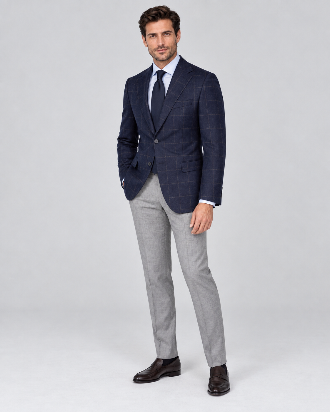 Navy blue single-breasted blazer with a check pattern made of wool