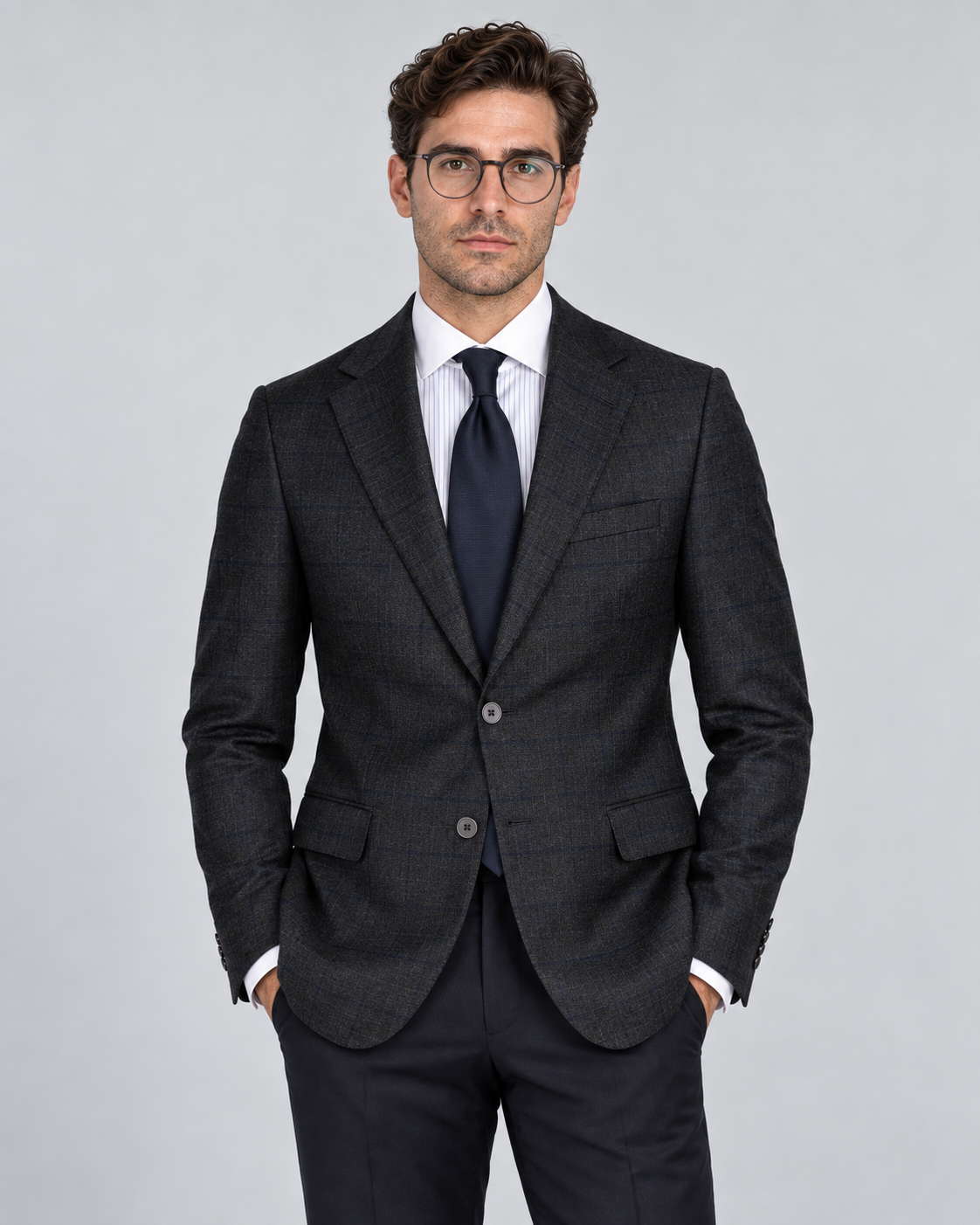 Dunkelgraues Tailored-Fit-Einreiher-Sakko aus Wolle mit Karomuster
