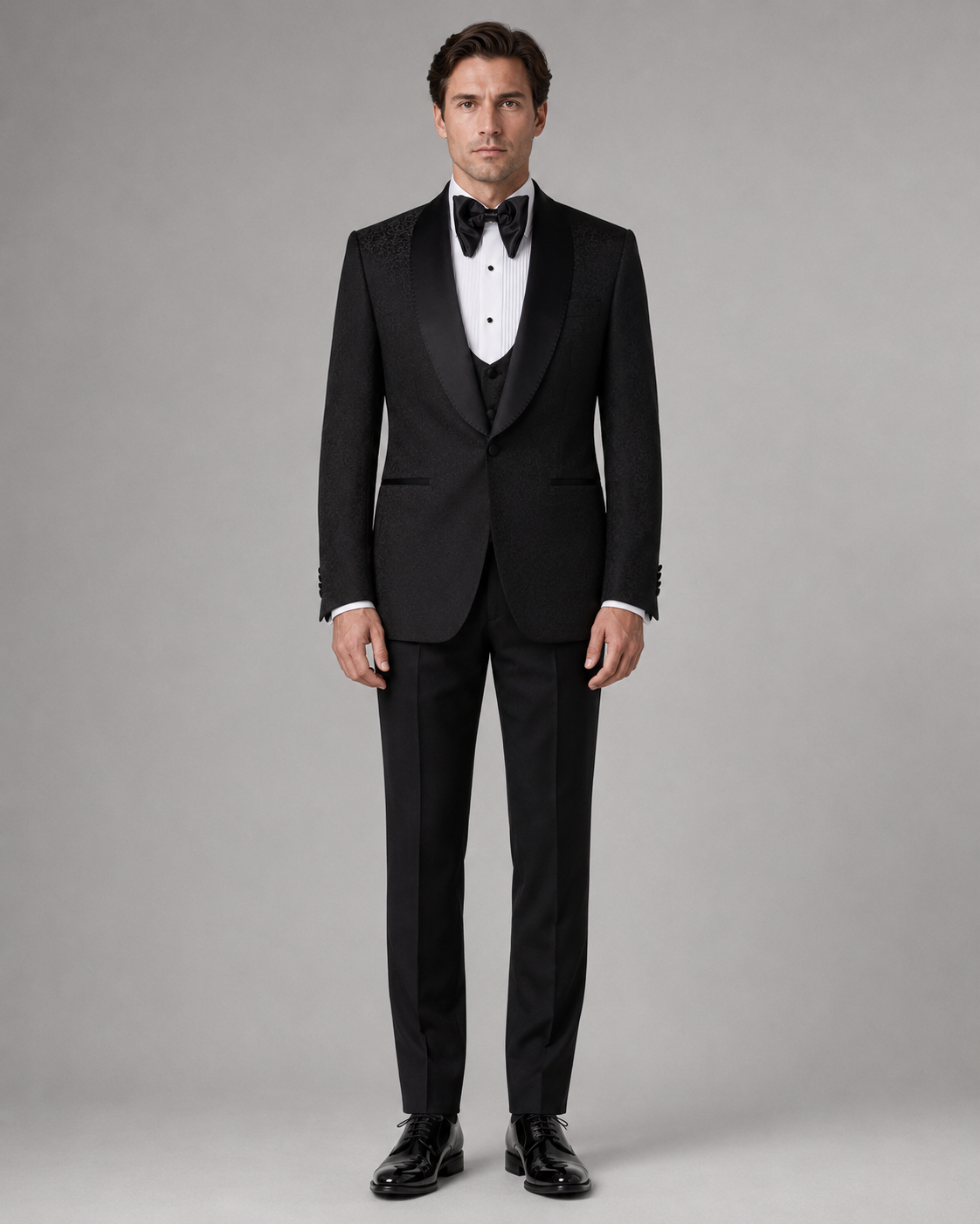 Smoking Herren Schwarz – Edler Anzug mit Strukturstoff Satin-Revers