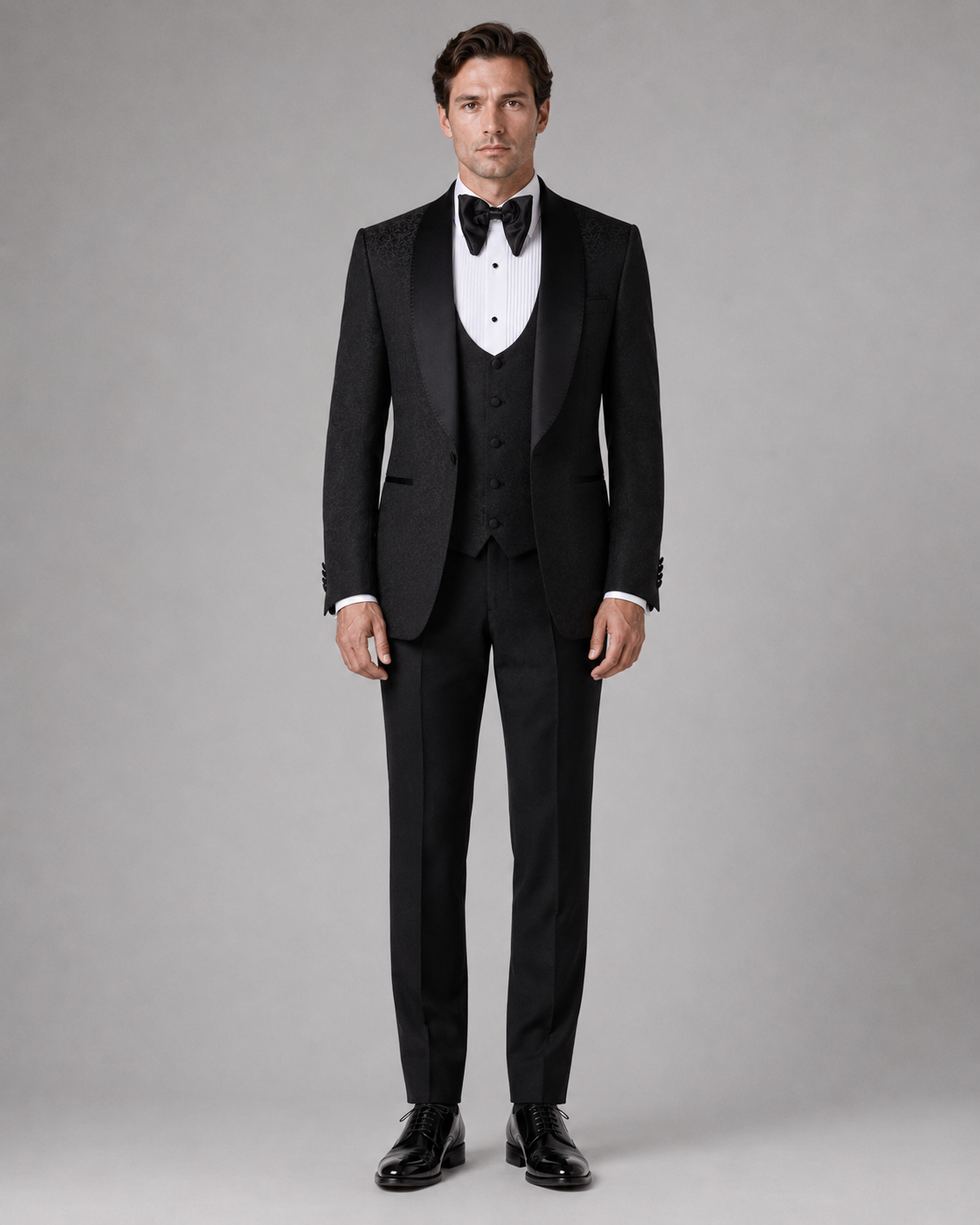 Smoking Herren Schwarz – Edler Anzug mit Strukturstoff Satin-Revers