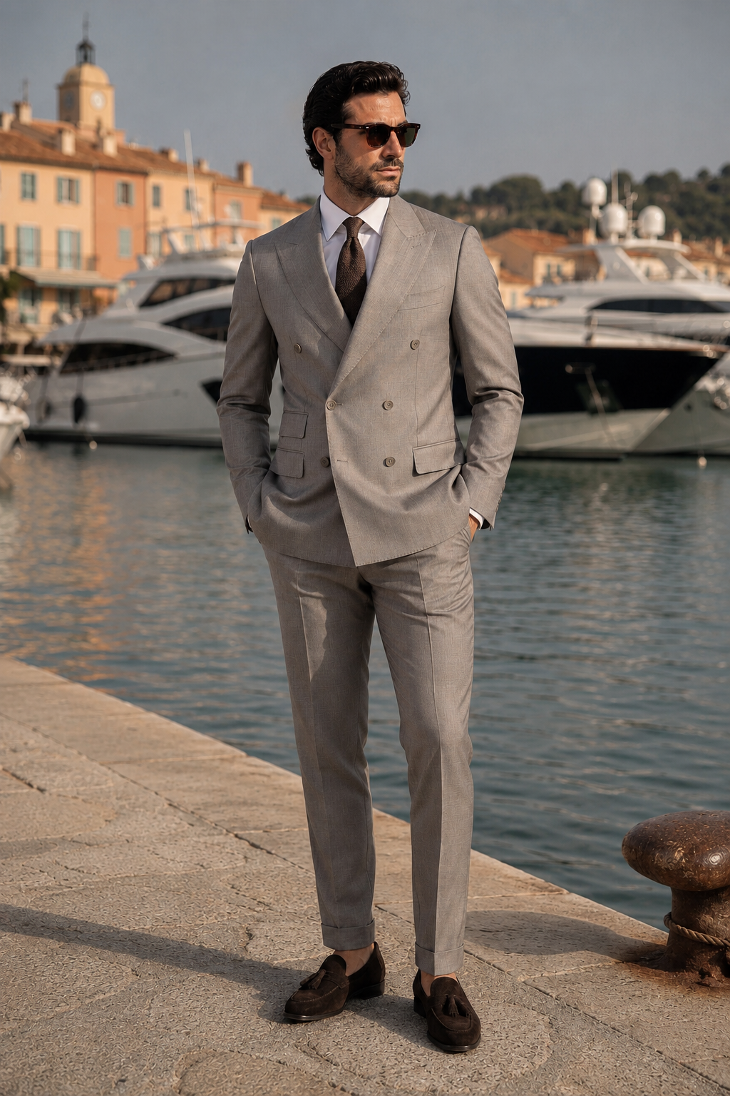 Beige slim-fit wool double-breasted suit