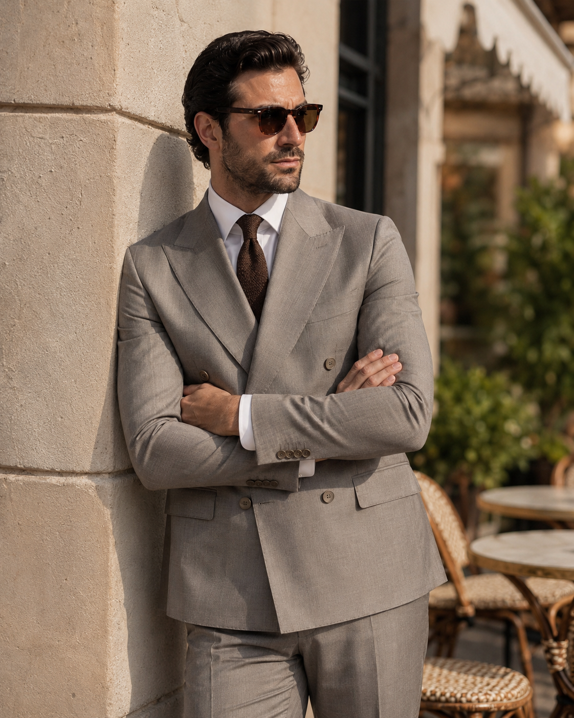 Beige slim-fit wool double-breasted suit