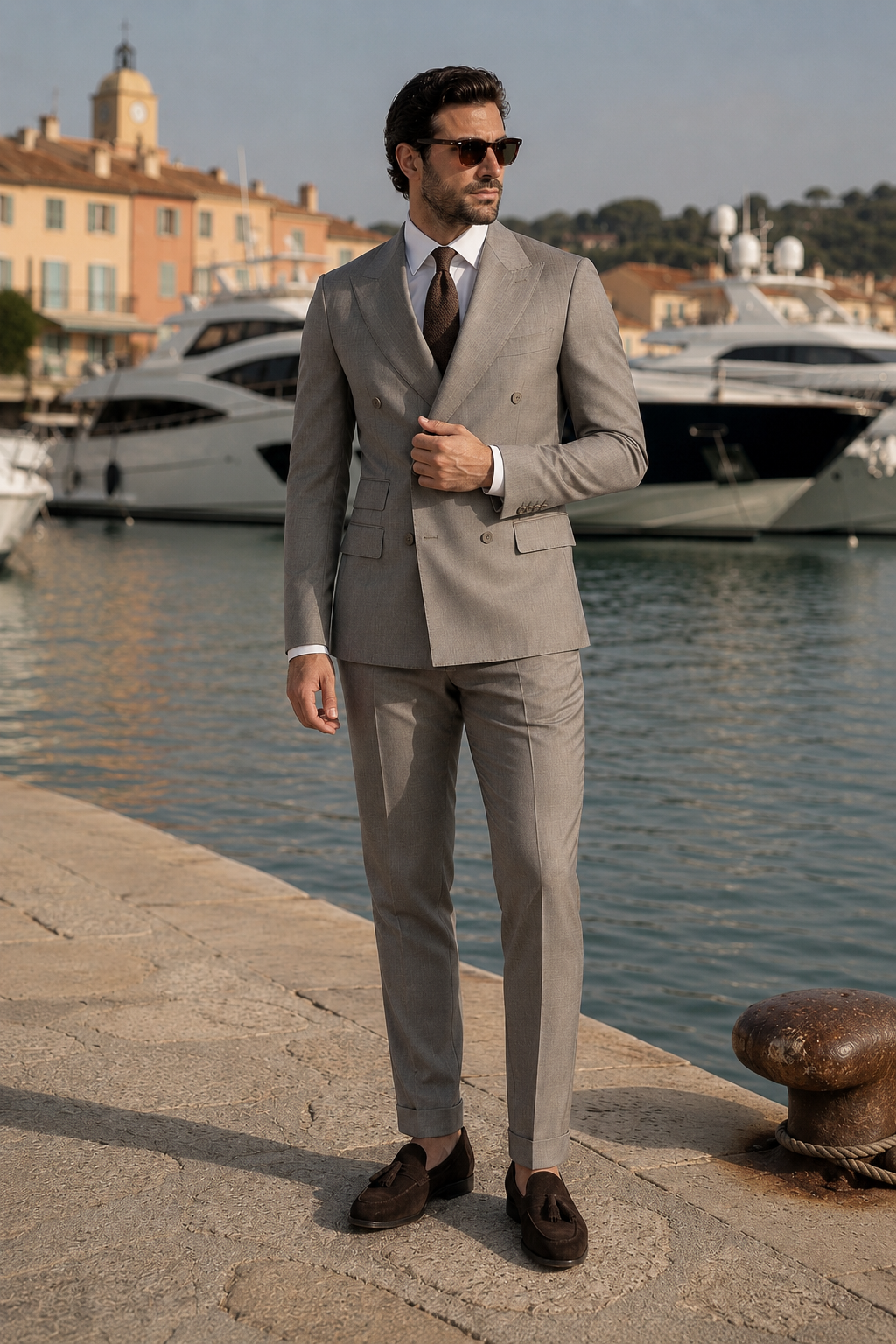 Beige slim-fit wool double-breasted suit