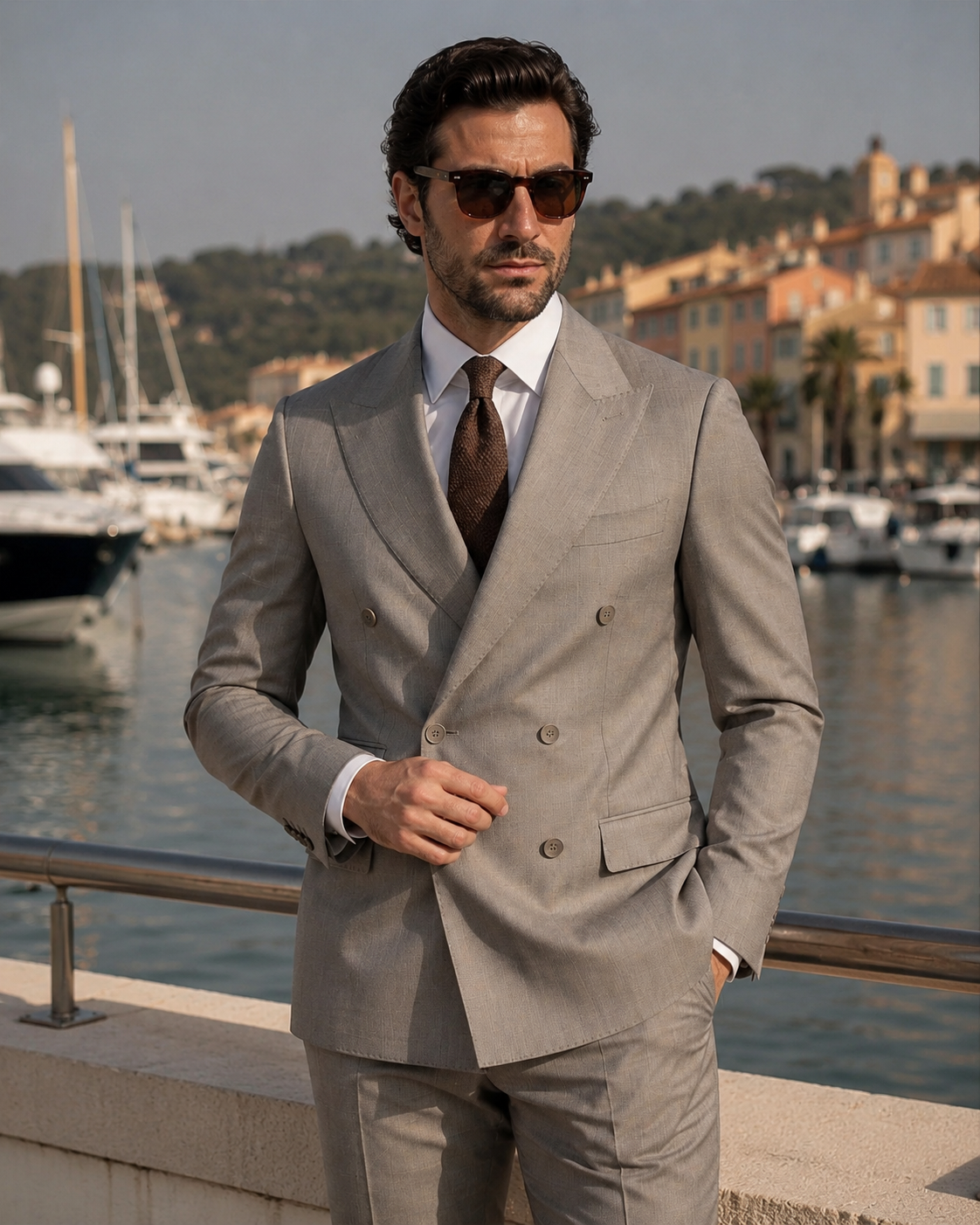 Beige slim-fit wool double-breasted suit