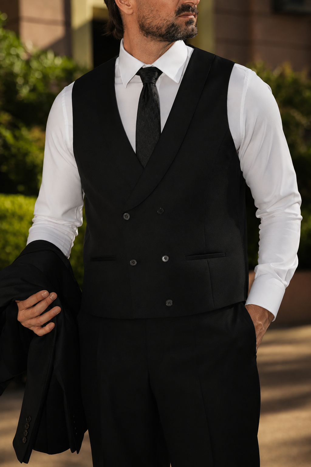 Schwarzer Slim-Fit-Dreiteiler aus Super-130s-Wolle