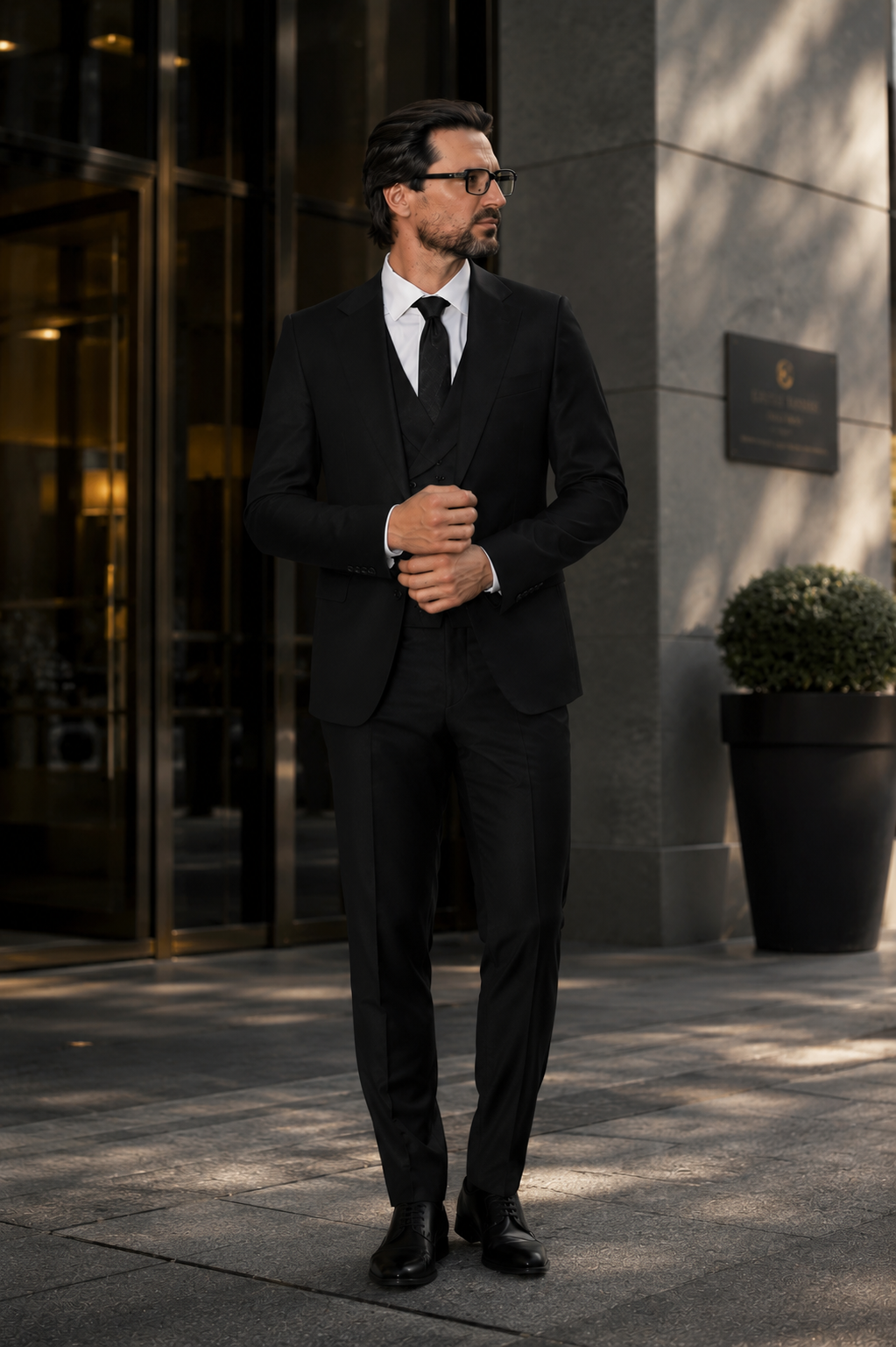 Schwarzer Slim-Fit-Dreiteiler aus Super-130s-Wolle