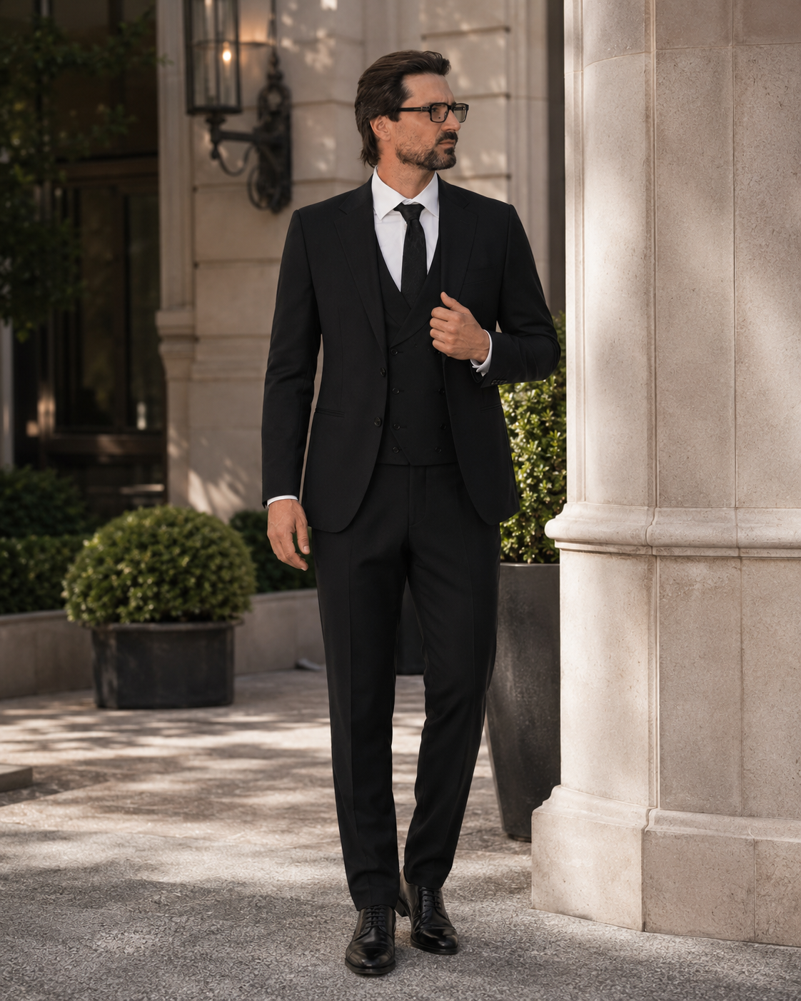 Schwarzer Slim-Fit-Dreiteiler aus Super-130s-Wolle
