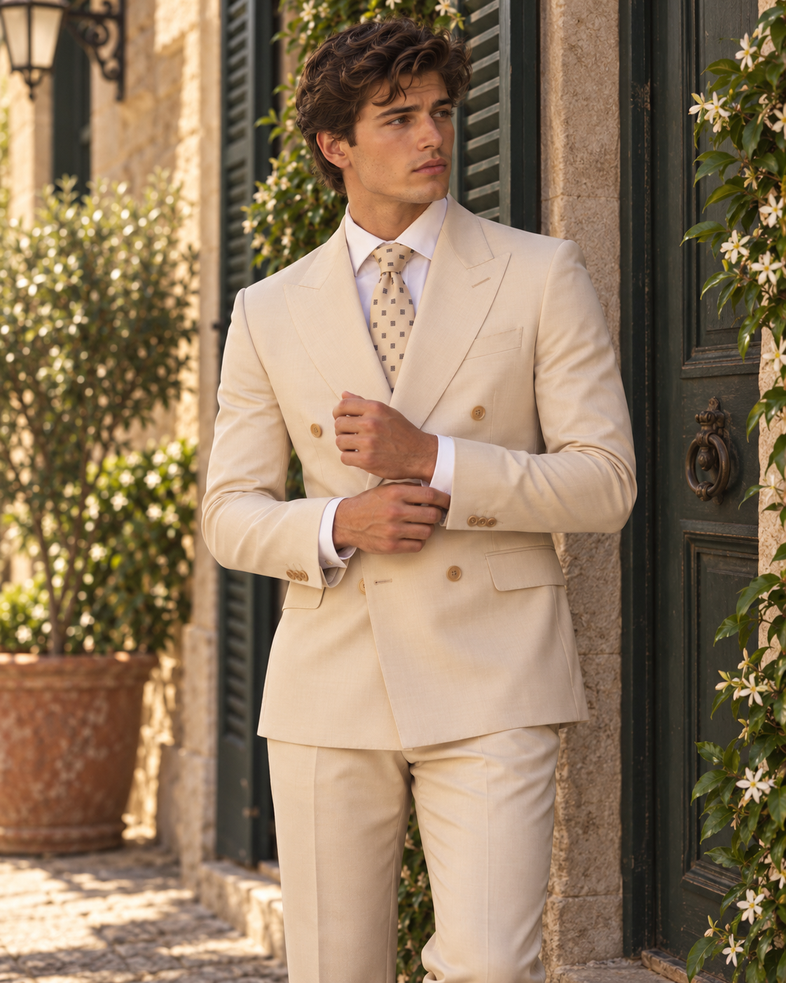 Beiger Slim-Fit-Zweireiher aus Super-130s-Wolle