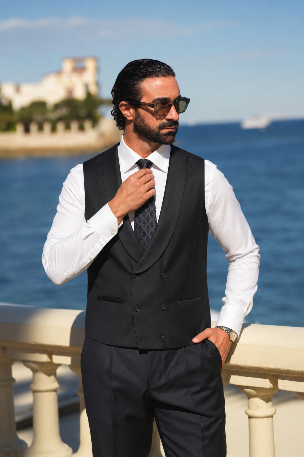 Dunkelblauer Slim-Fit-Dreiteiler aus Super-130s-Wolle