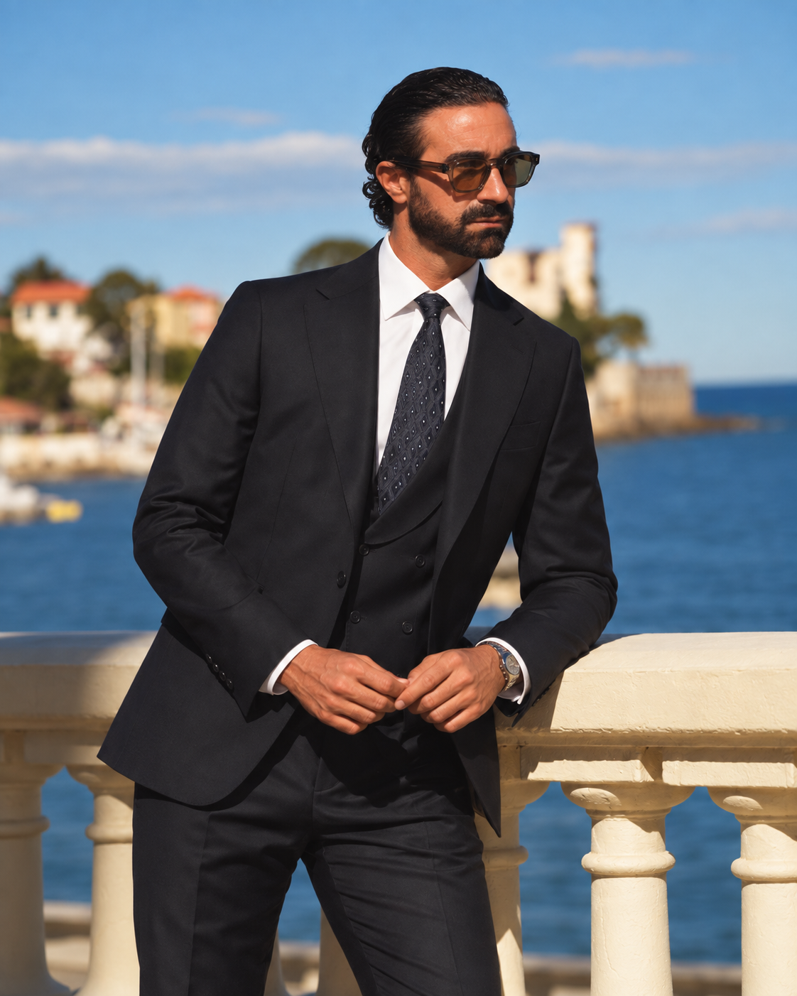 Dunkelblauer Slim-Fit-Dreiteiler aus Super-130s-Wolle