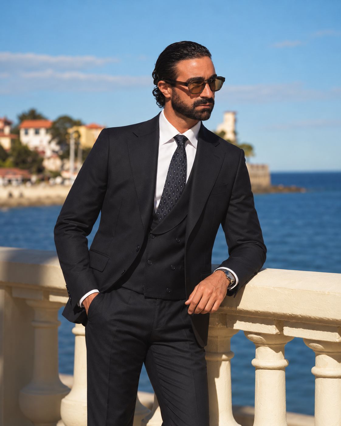 Dark blue slim fit Super 130’s wool suit with single-breasted jacket