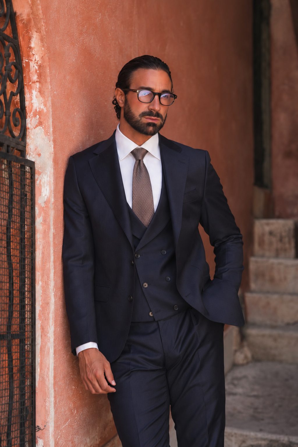 Dark blue slim-fit Super 130's wool suit with single-breasted jacket