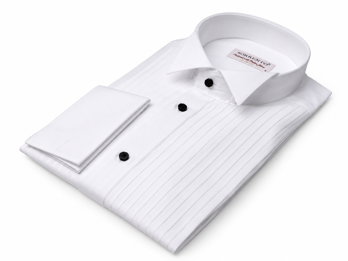 White cotton tuxedo shirt with pleated front