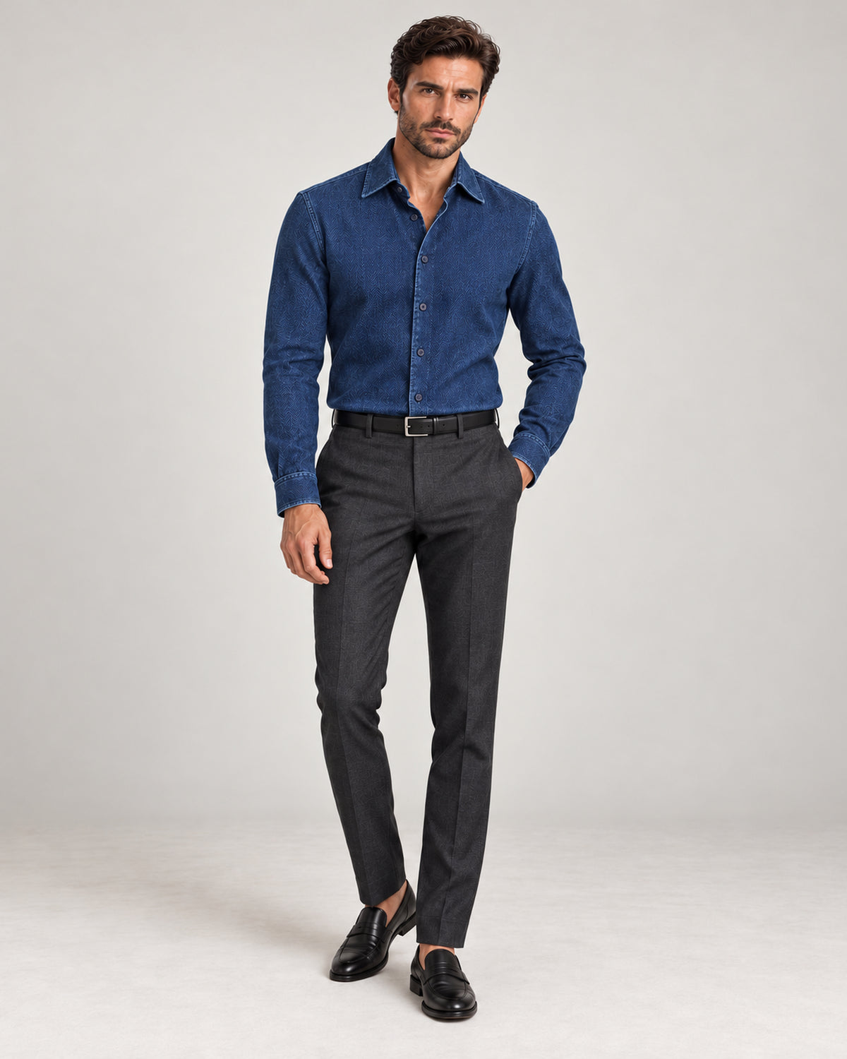 Indigoblaues Denimhemd mit Fischgratmuster – Slim Fit