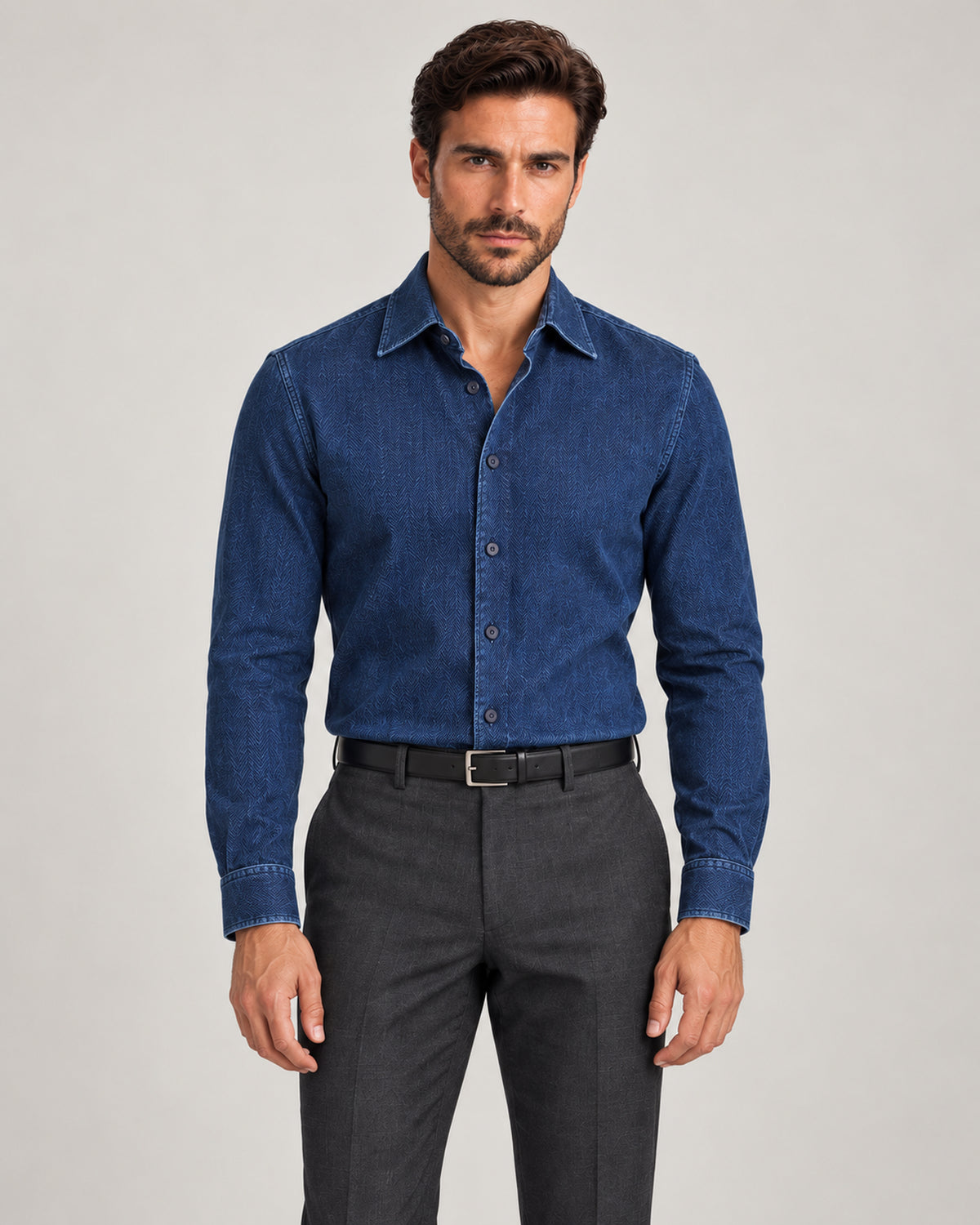 Indigoblaues Denimhemd mit Fischgratmuster – Slim Fit