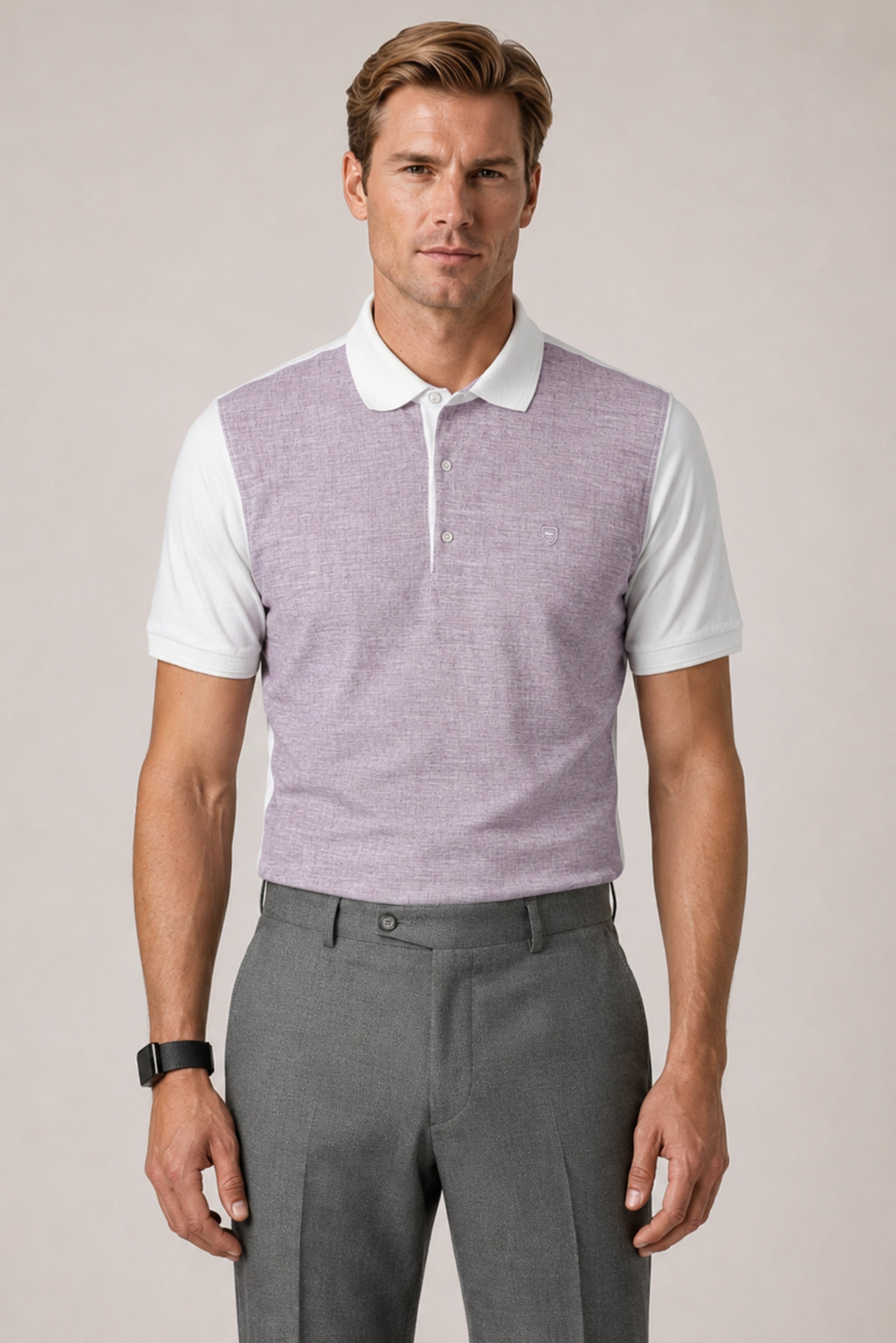 Lila und weiss gemustertes Polo-Shirt aus Baumwolle