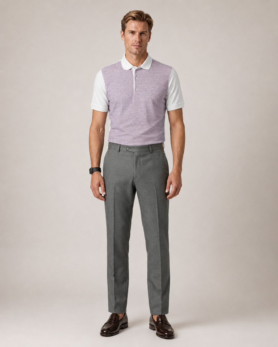 Lila und weiss gemustertes Polo-Shirt aus Baumwolle