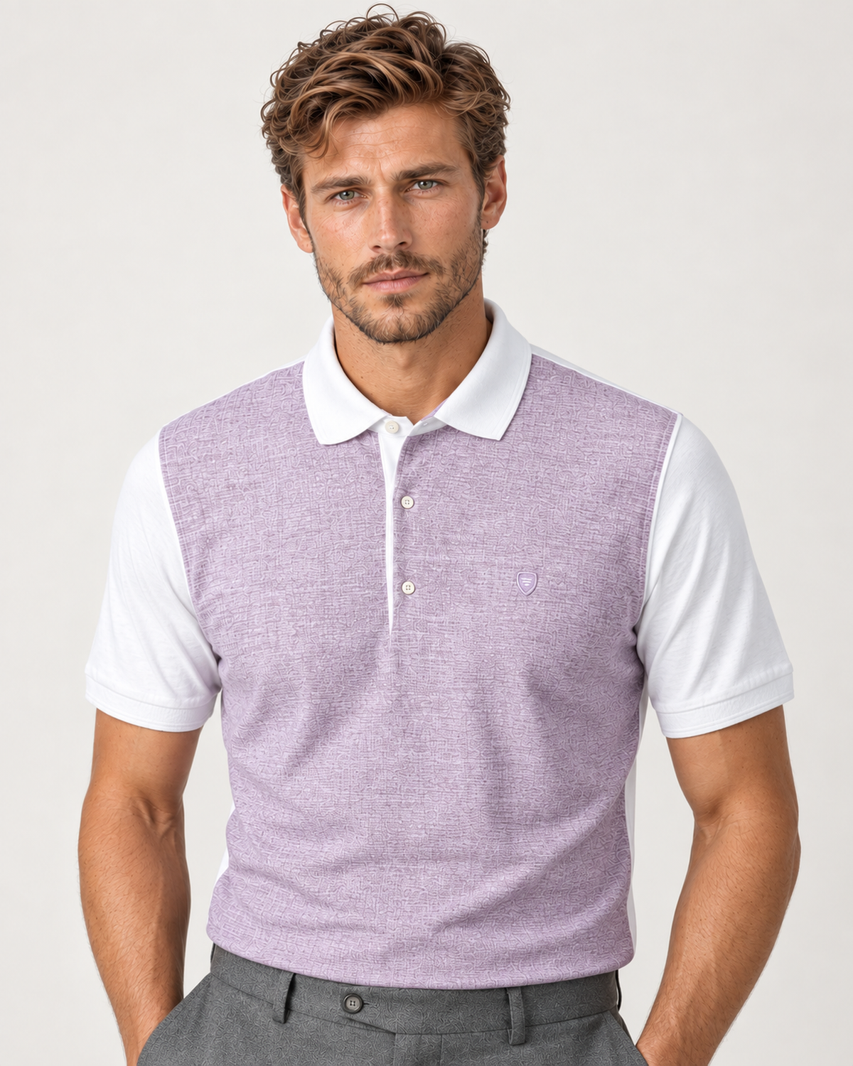 Lila und weiss gemustertes Polo-Shirt aus Baumwolle