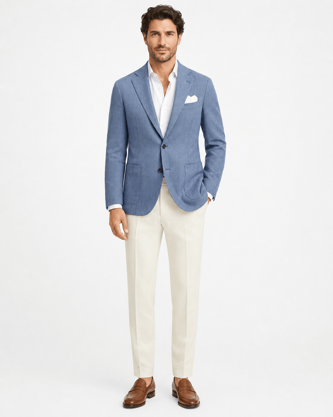 Marineblauer Leinen-Baumwoll-Blazer mit Fischgrätmuster und einreihigem Design