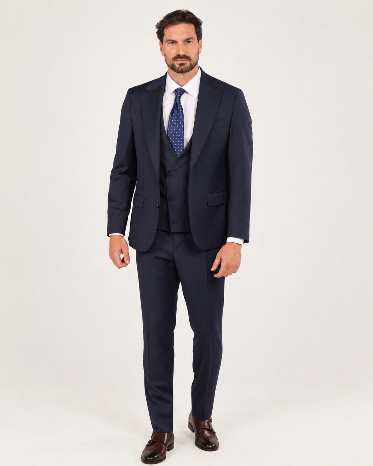 Navy slim-fit three-piece wool suit