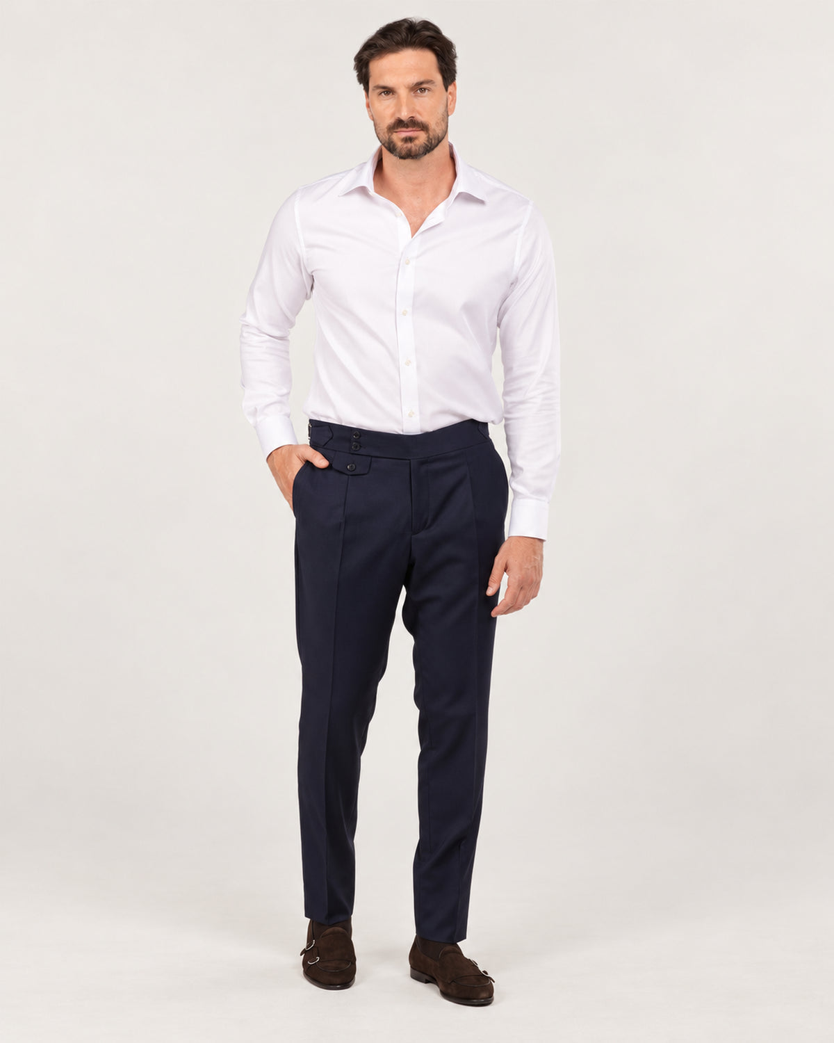 Navy slim-fit three-piece wool suit