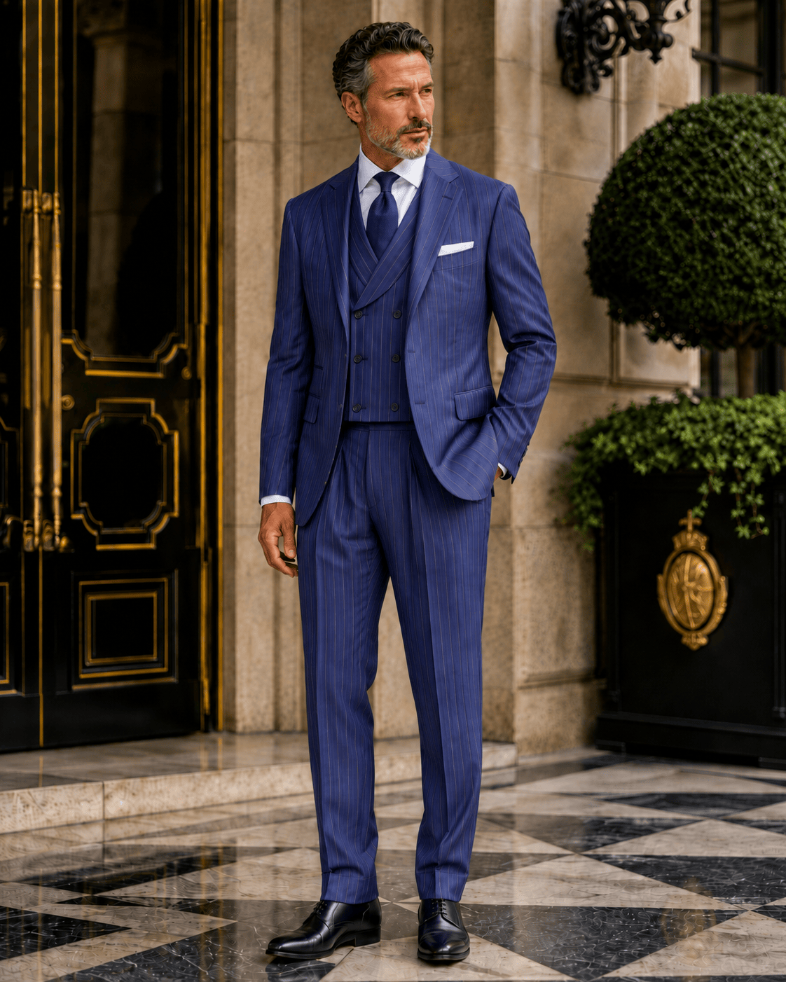 Marineblauer Slim-Fit-Einreiher mit Nadelstreifen aus Wollmischung – Dreiteiliger Anzug