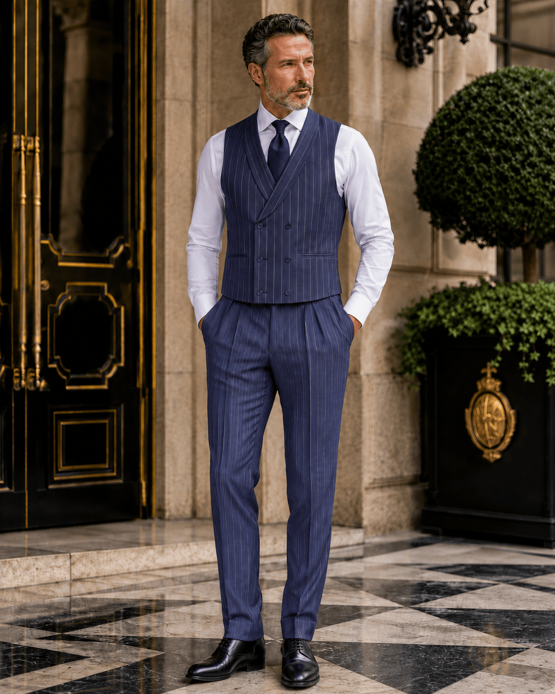 Marineblauer Slim-Fit-Einreiher mit Nadelstreifen aus Wollmischung – Dreiteiliger Anzug