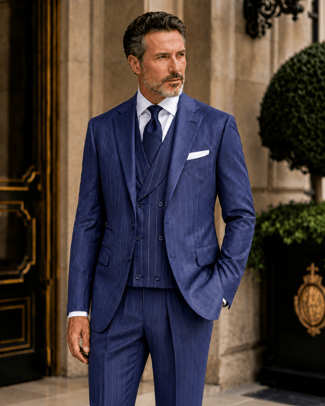 Marineblauer Slim-Fit-Einreiher mit Nadelstreifen aus Wollmischung – Dreiteiliger Anzug