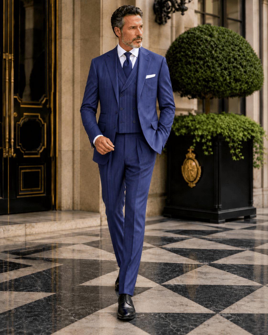 Marineblauer Slim-Fit-Einreiher mit Nadelstreifen aus Wollmischung – Dreiteiliger Anzug