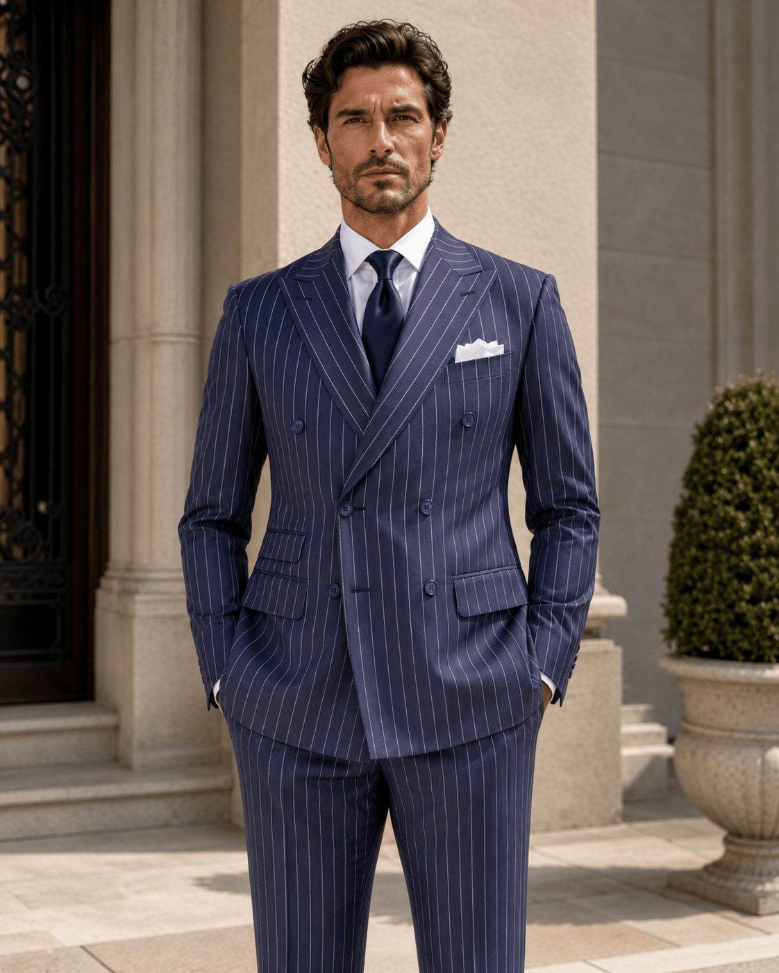 Marineblauer Slim-Fit-Zweireiher aus Wollmischung mit weißen Nadelstreifen
