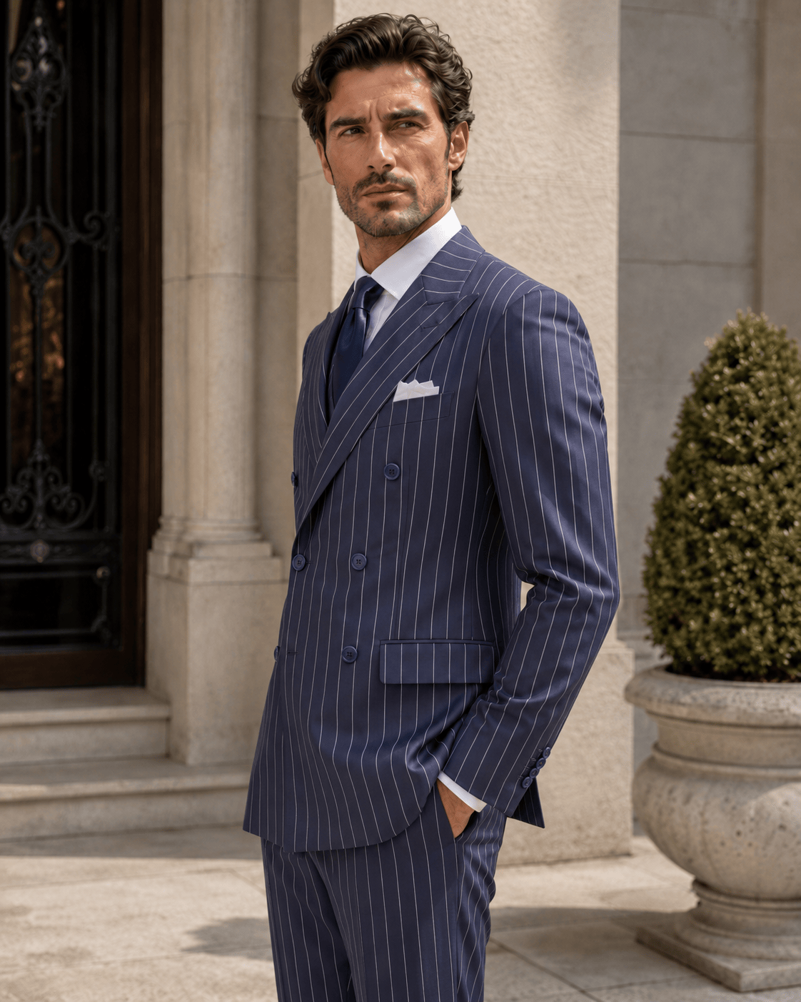 Marineblauer Slim-Fit-Zweireiher aus Wollmischung mit weißen Nadelstreifen