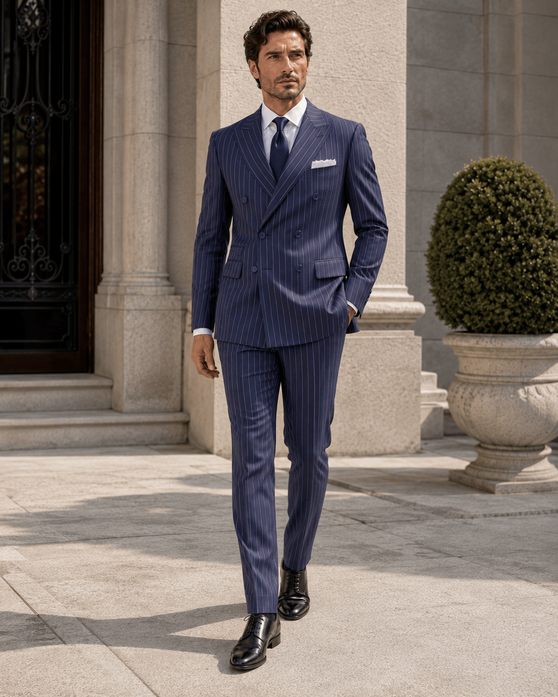 Marineblauer Slim-Fit-Zweireiher aus Wollmischung mit weißen Nadelstreifen