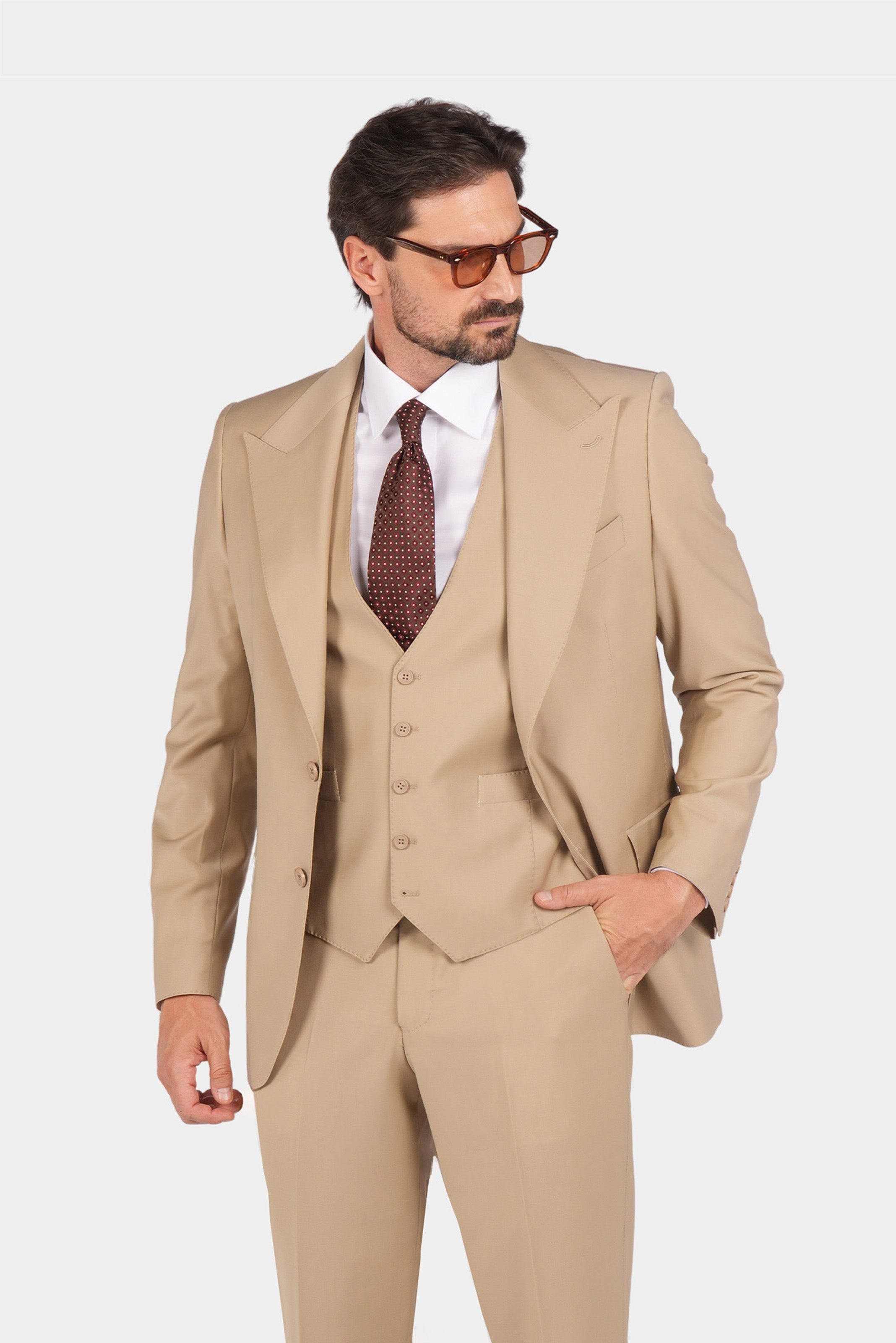 Beige Modern Fit Single-Breasted Handmade