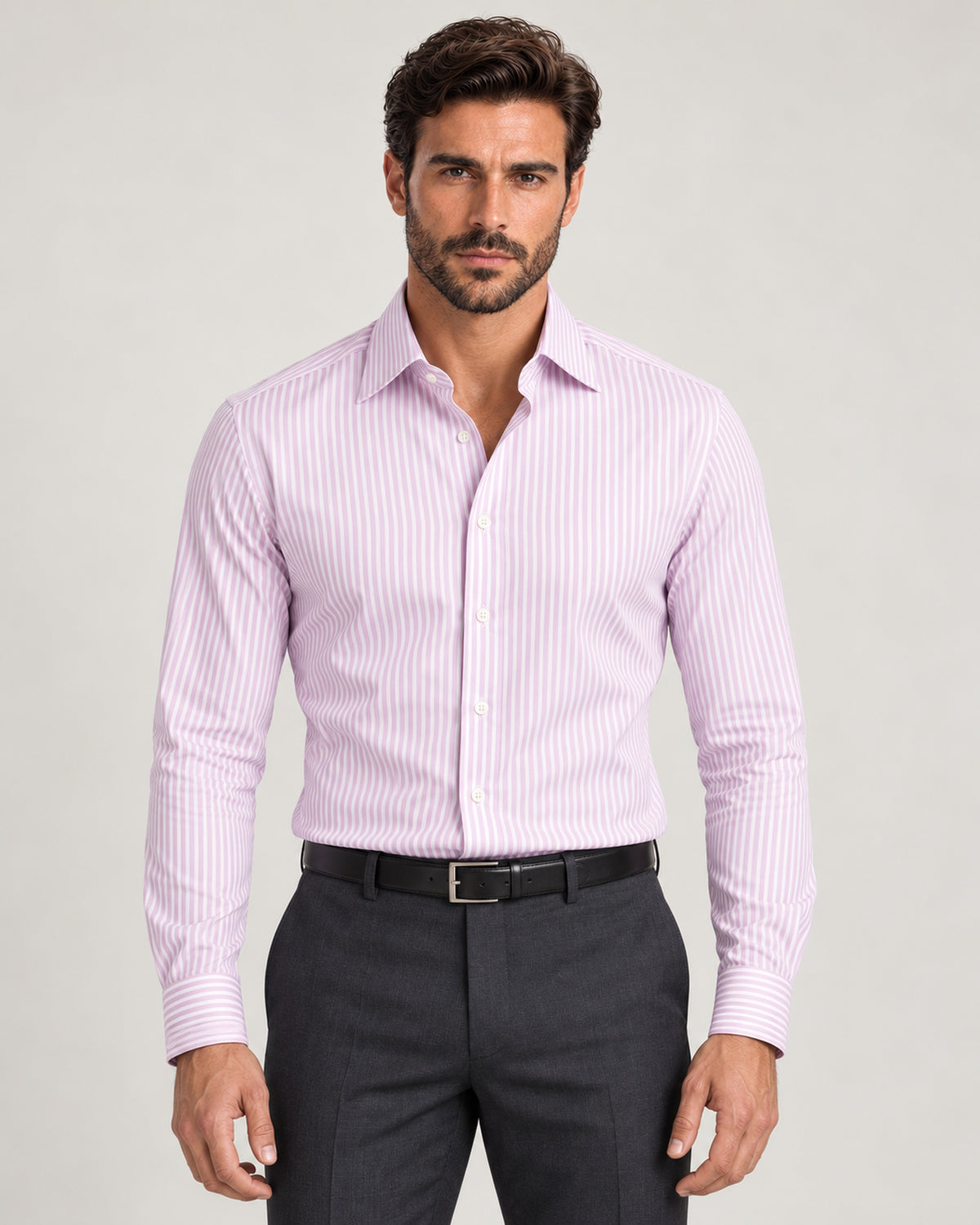 Rosafarbenes Baumwollhemd mit weissen Streifen – bügelfrei