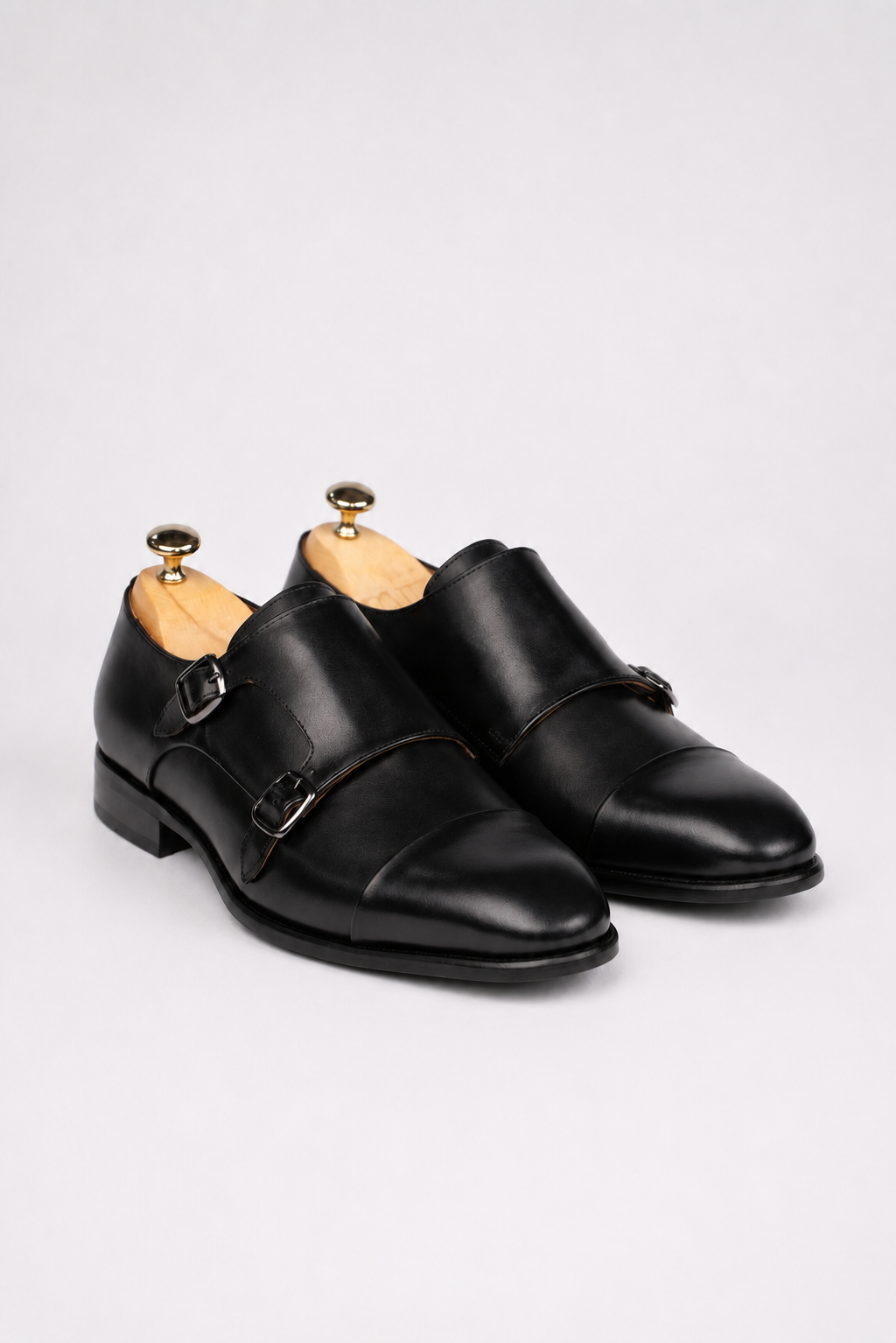 Black calfskin double monk strap shoes
