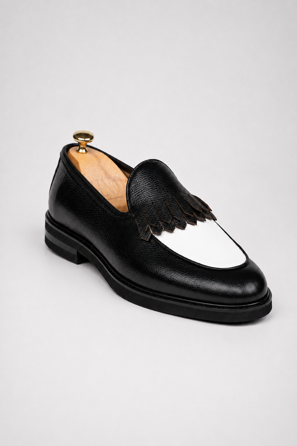 Black calfskin kiltie loafer shoes