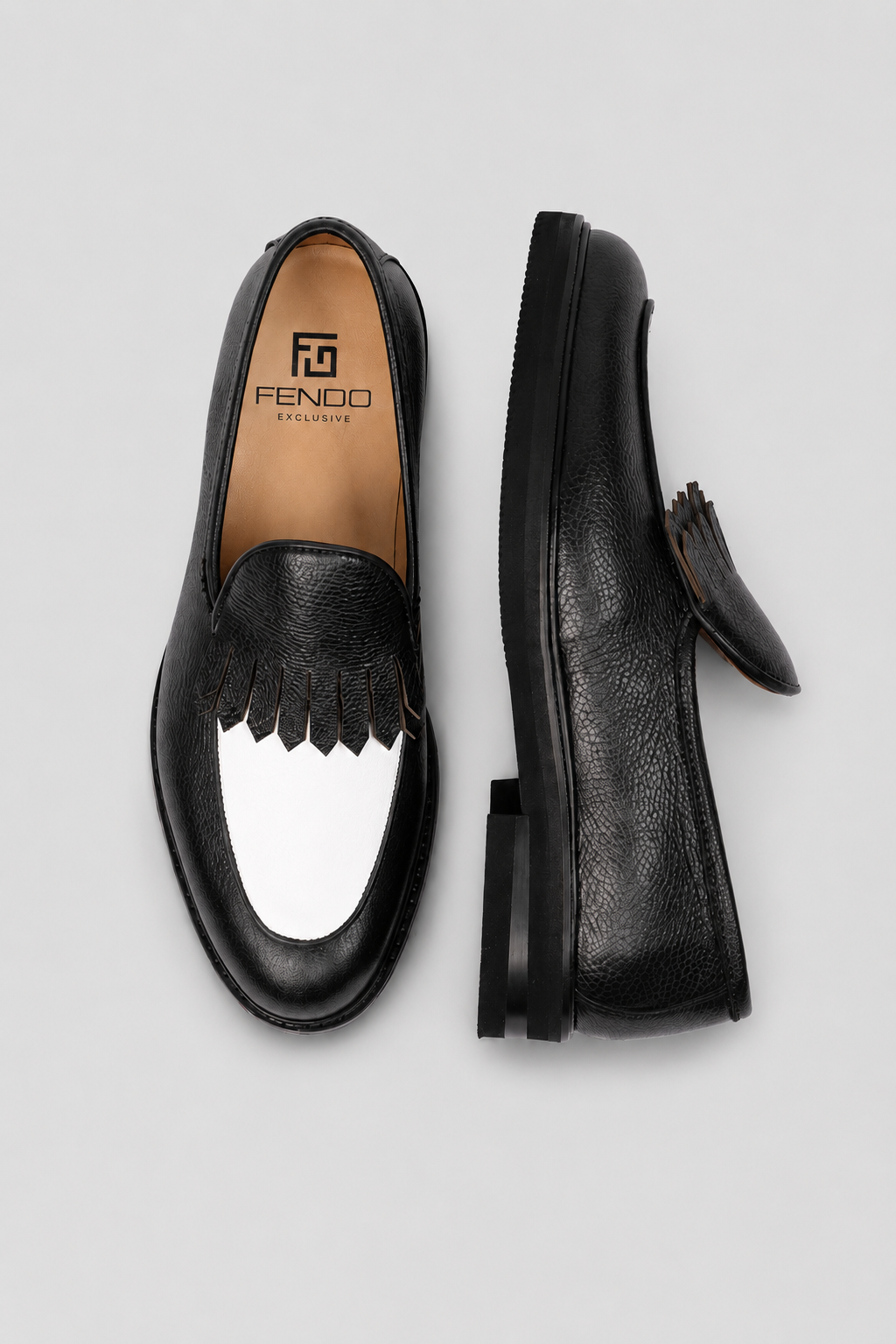 Black calfskin kiltie loafer shoes